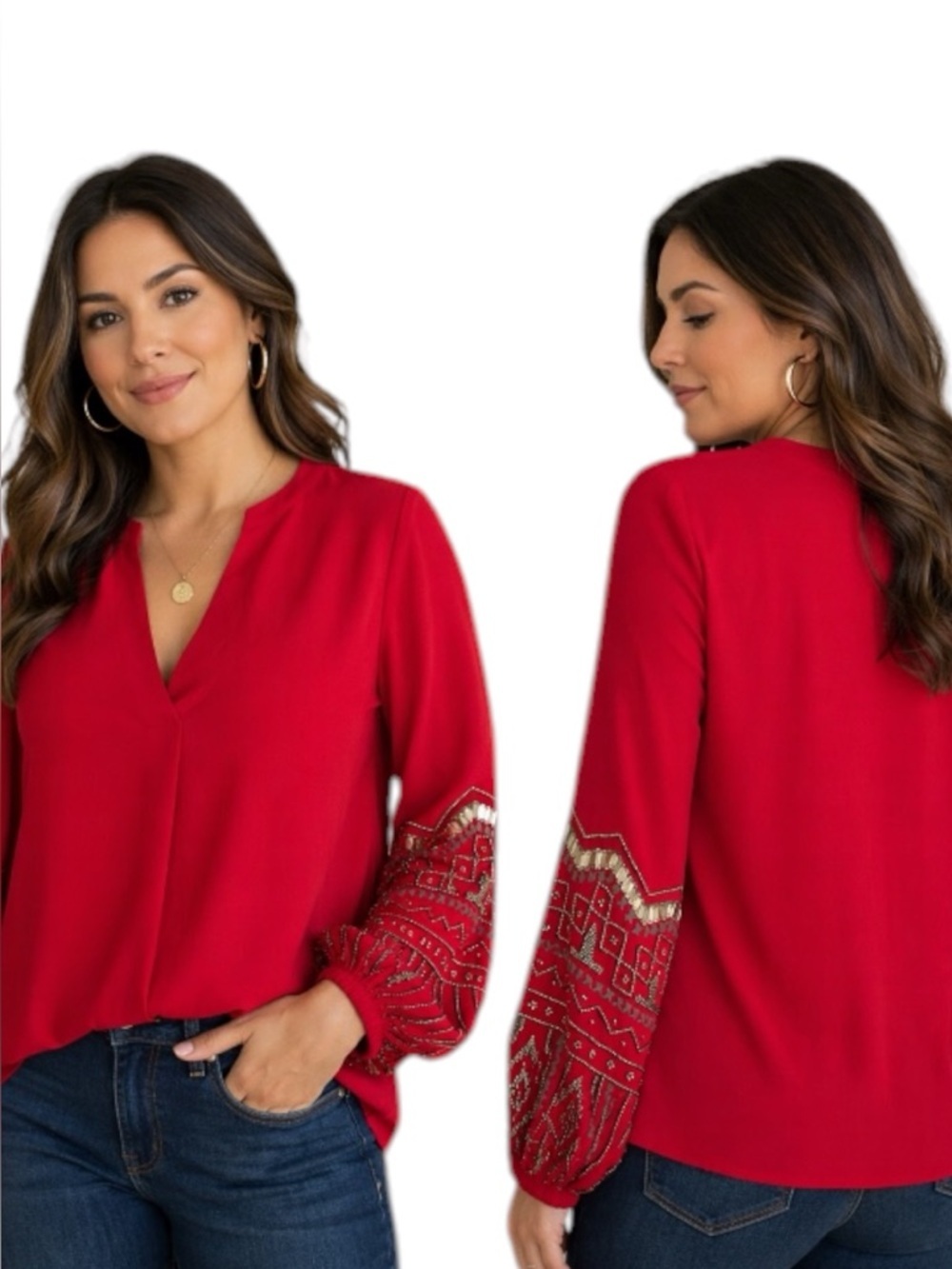 Chico’s Red Embroidered Sleeve Blouse Women’s Size 1 Medium Boho Top